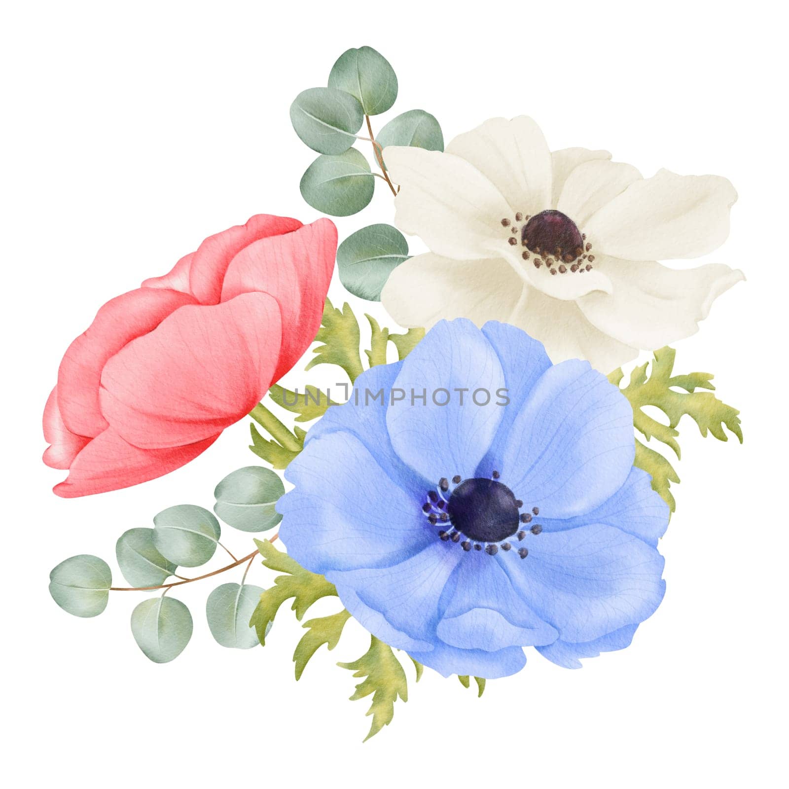 A watercolor composition pink, white and blue anemone flowers. fresh greenery and eucalyptus leaves. for wedding stationery, event invitations, botanical prints, art projects and interior decor by Art_Mari_Ka