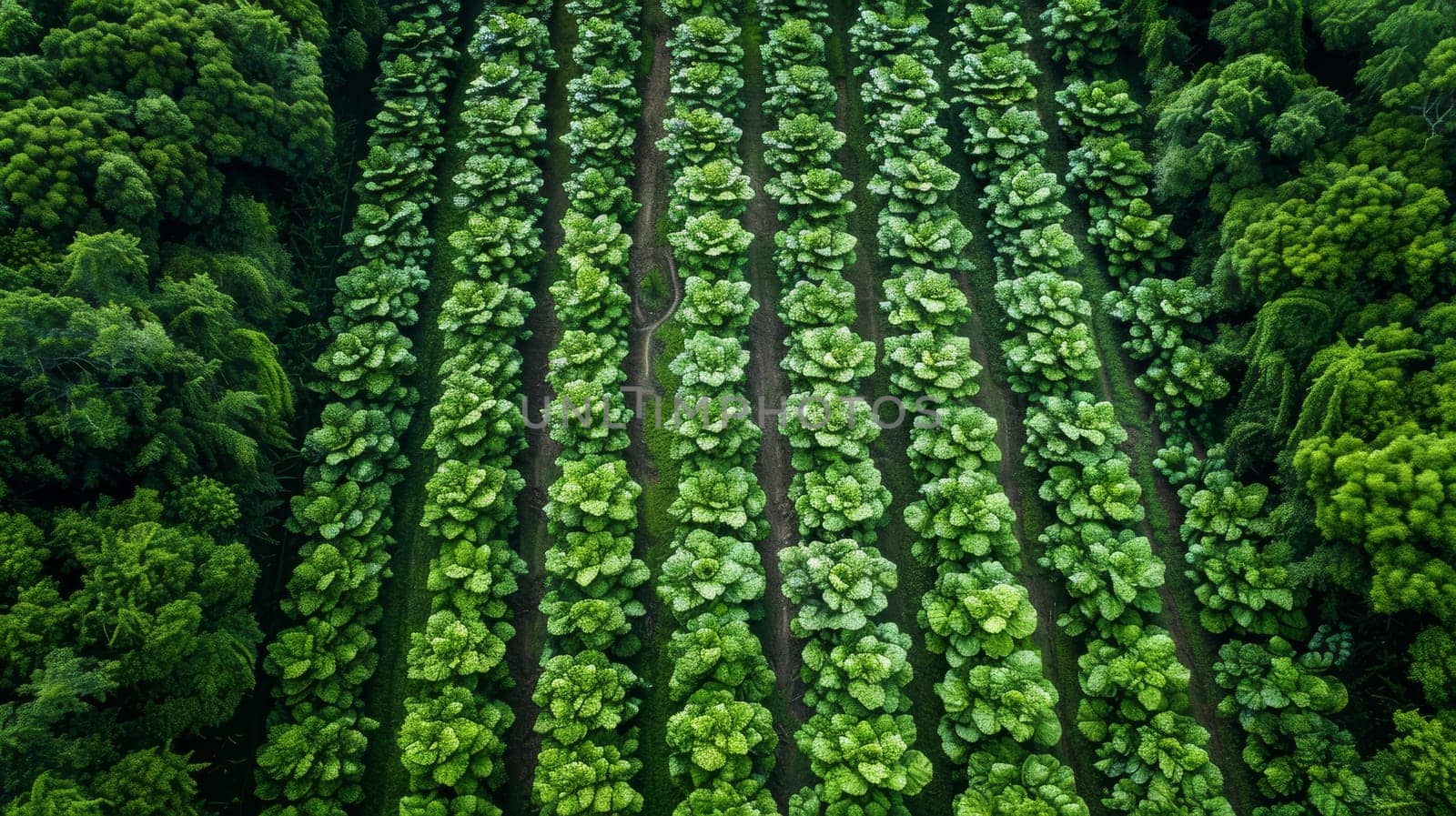 Aerial View of Lush Green Rows of Tobacco Plants in Farm Field Plantation