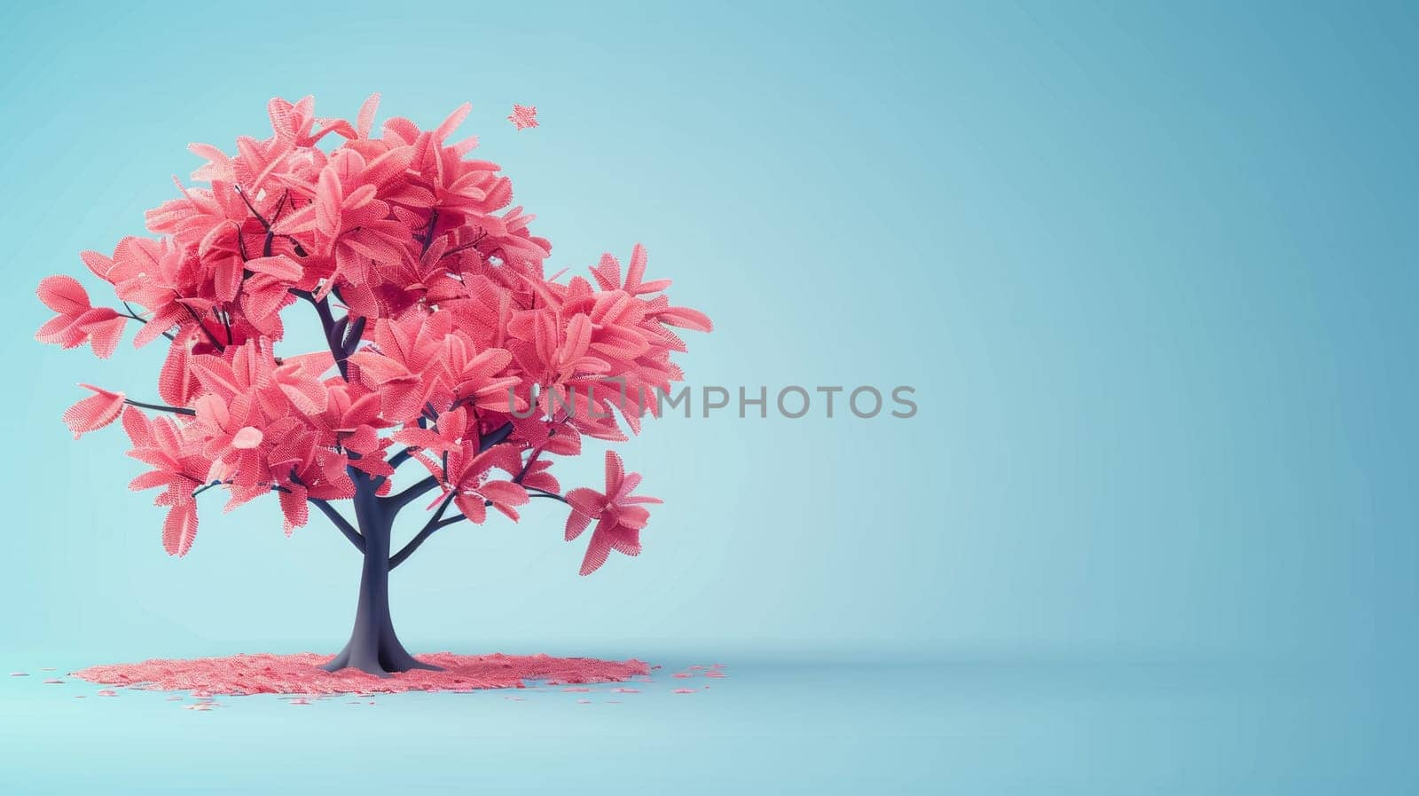 Pink Tree with Falling Leaves on Blue Background. Minimalist Nature Scene with Copy Space by ailike