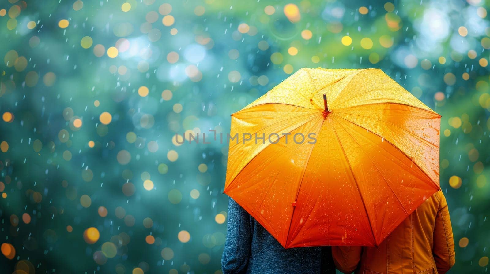 Orange umbrella shielding from vibrant rainy day bokeh, concept of protection and cheerfulness