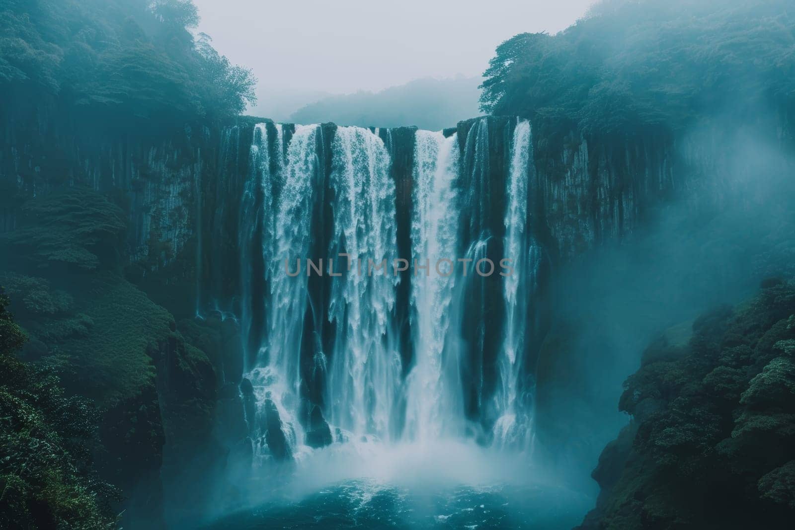 Misty Waterfall Cascading into Plunge Pool in Tropical Rainforest