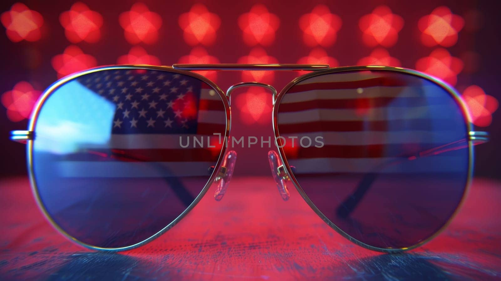 American Flag Reflection in Aviator Sunglasses with Red Stars Background