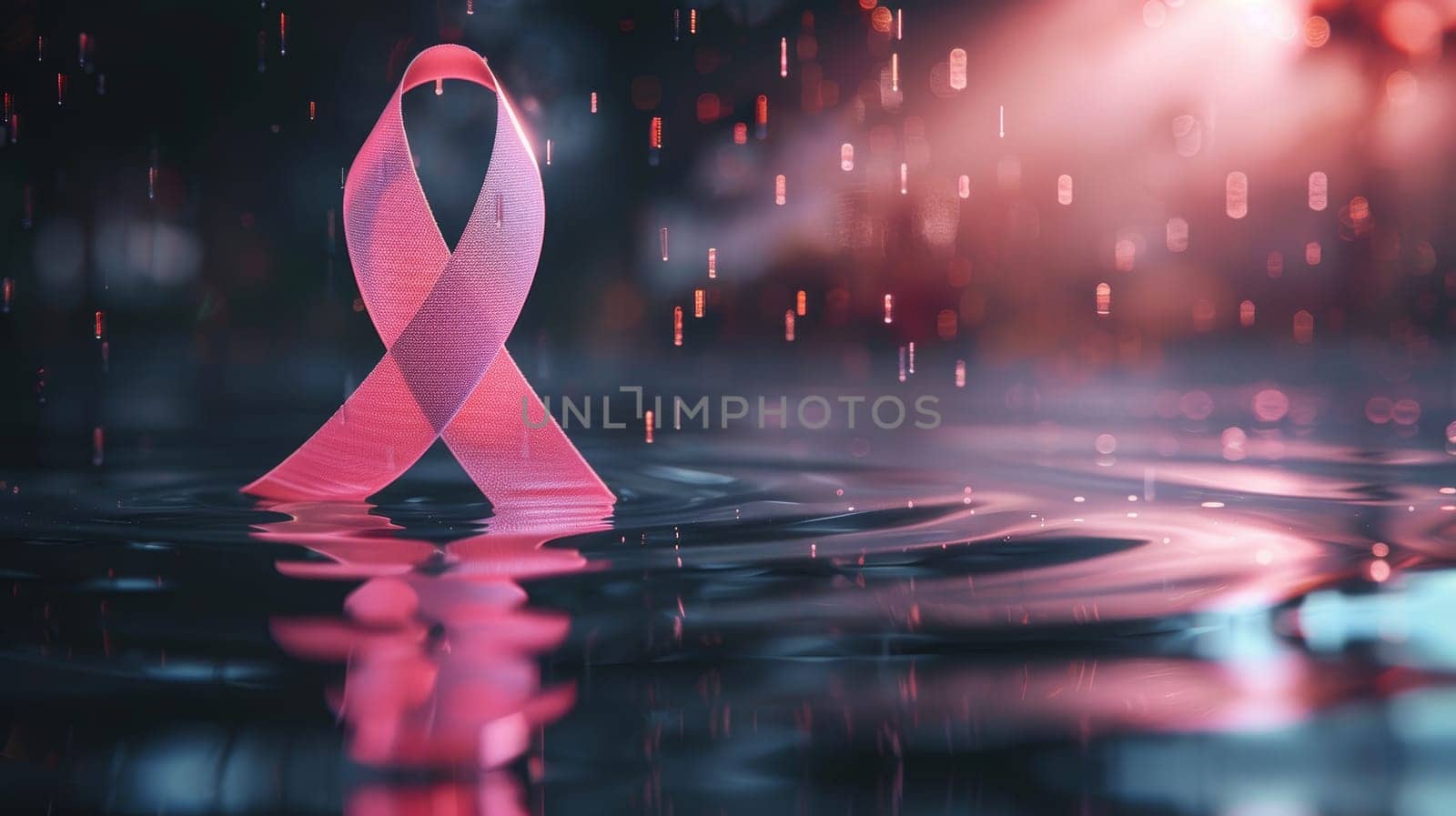Pink Ribbon Reflecting in Water. Symbol of Breast Cancer Awareness, Support, and Hope