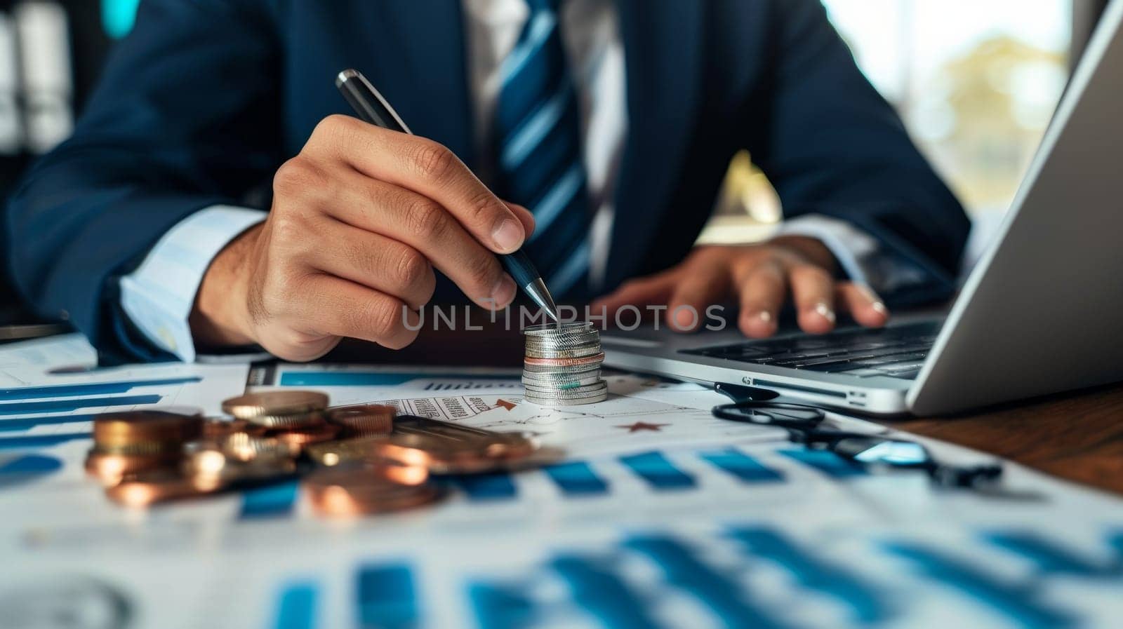 Businessman Analyzing Financial Report with Coins and Laptop. Concept of Investment, Savings, and Financial Planning