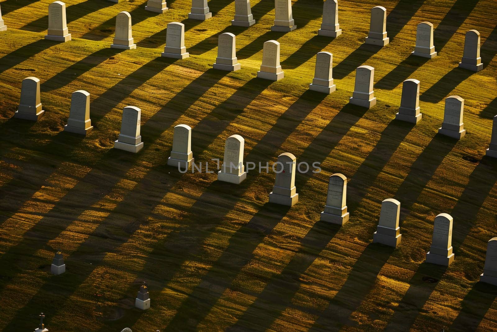 Aerial View of Rows of White Tombstones in Cemetery Graveyard on Sunny Day Casting Long Shadows