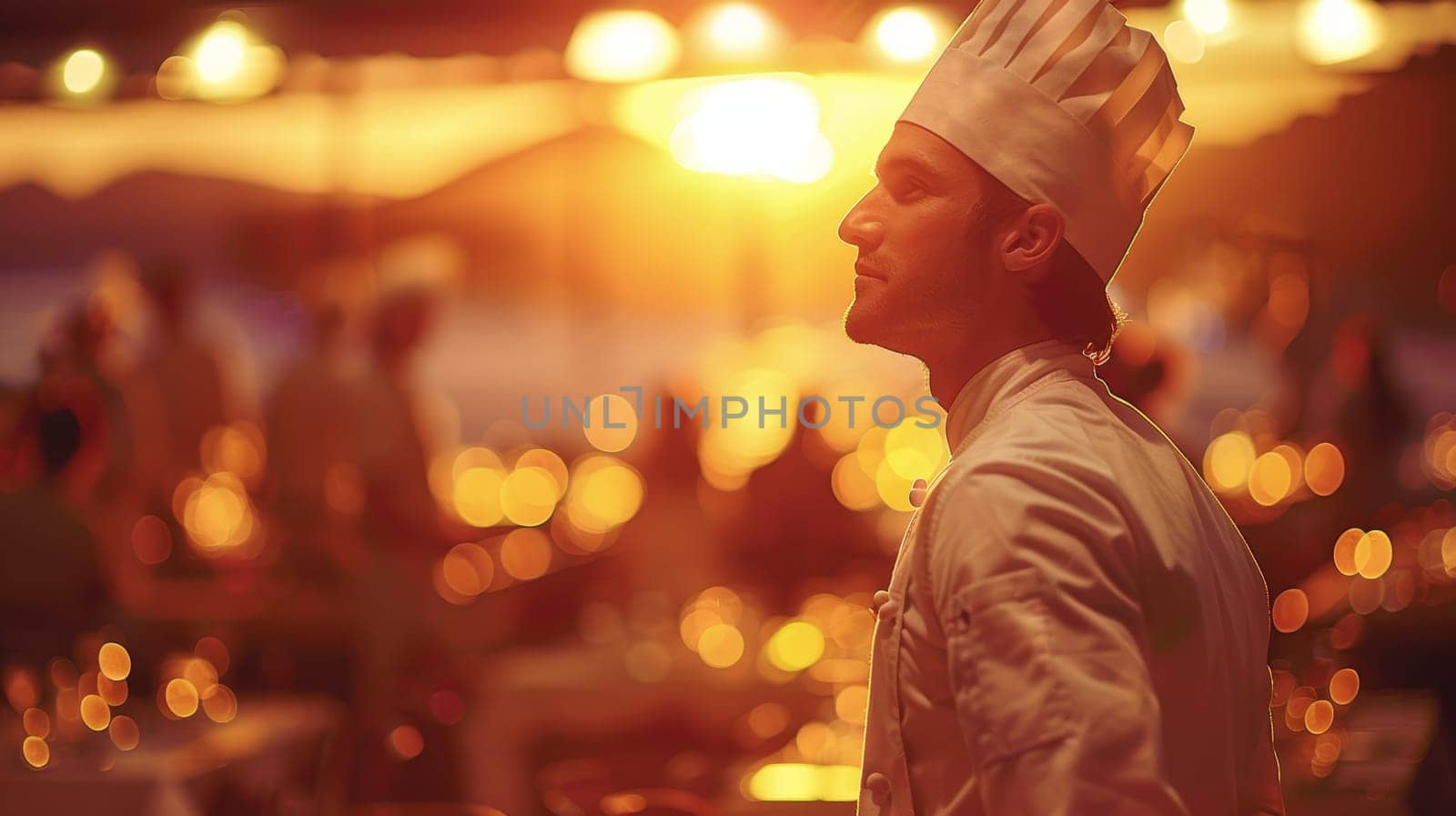 Confident Chef with Pride Observing Busy Restaurant Kitchen During Dinner Service
