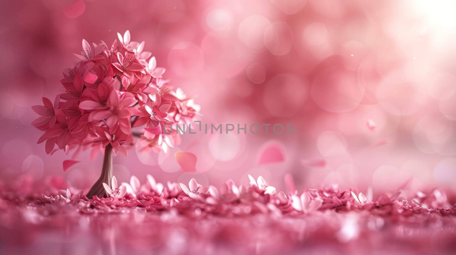 Pink Cherry Blossom Tree in Springtime Sunlight with Falling Petals