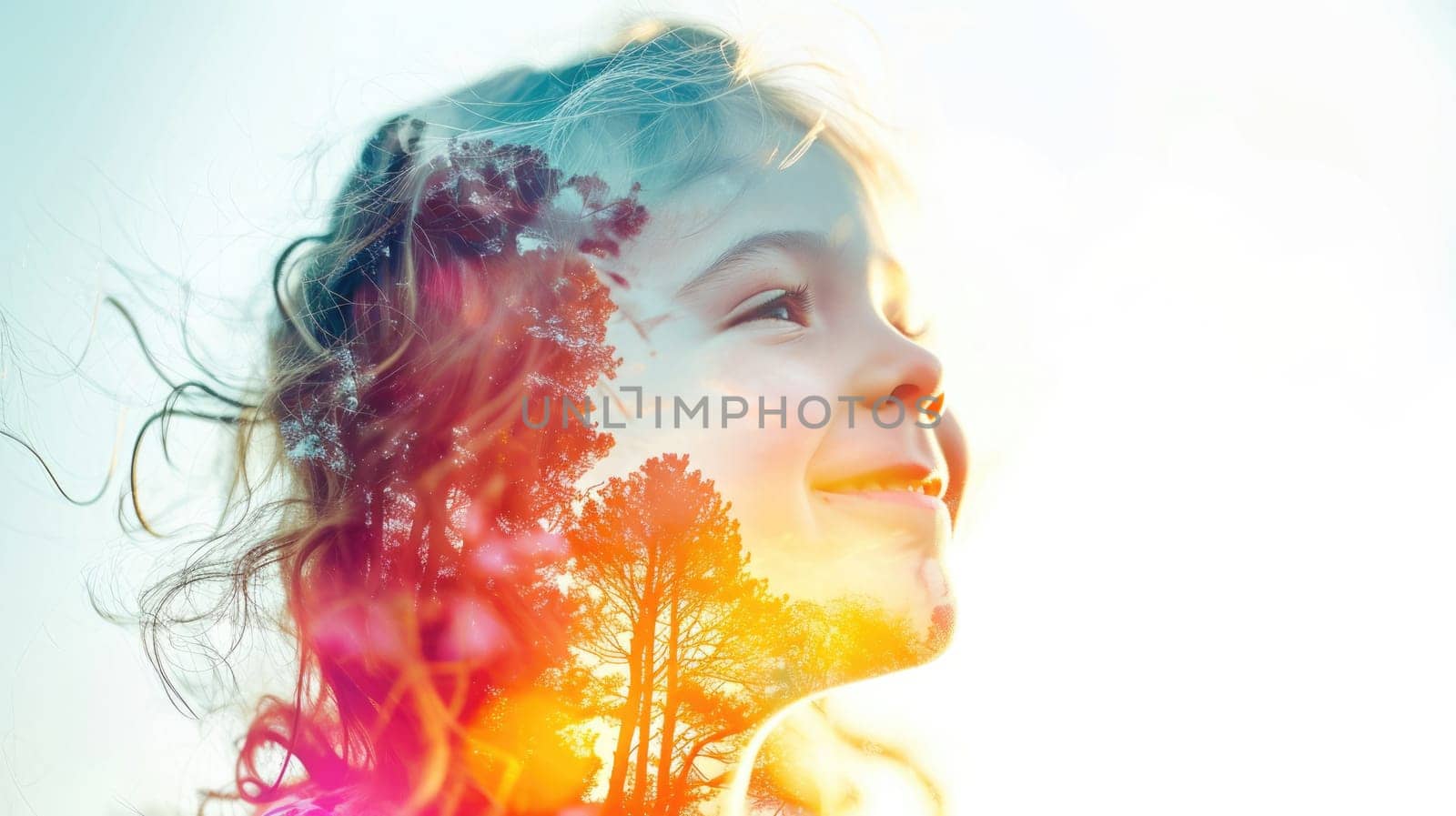 The closeup double exposure between the caucasian young girl and the beautiful vividly nature that the picture, it stands for the peaceful of the life or relaxation with the beautiful nature. AIGX01.