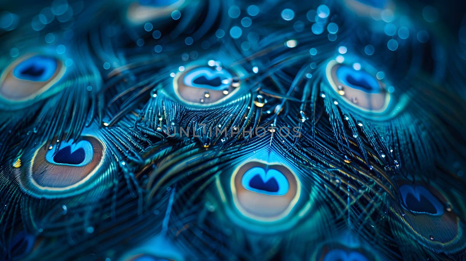 a close up of a peacock feather with a blue background by Nadtochiy