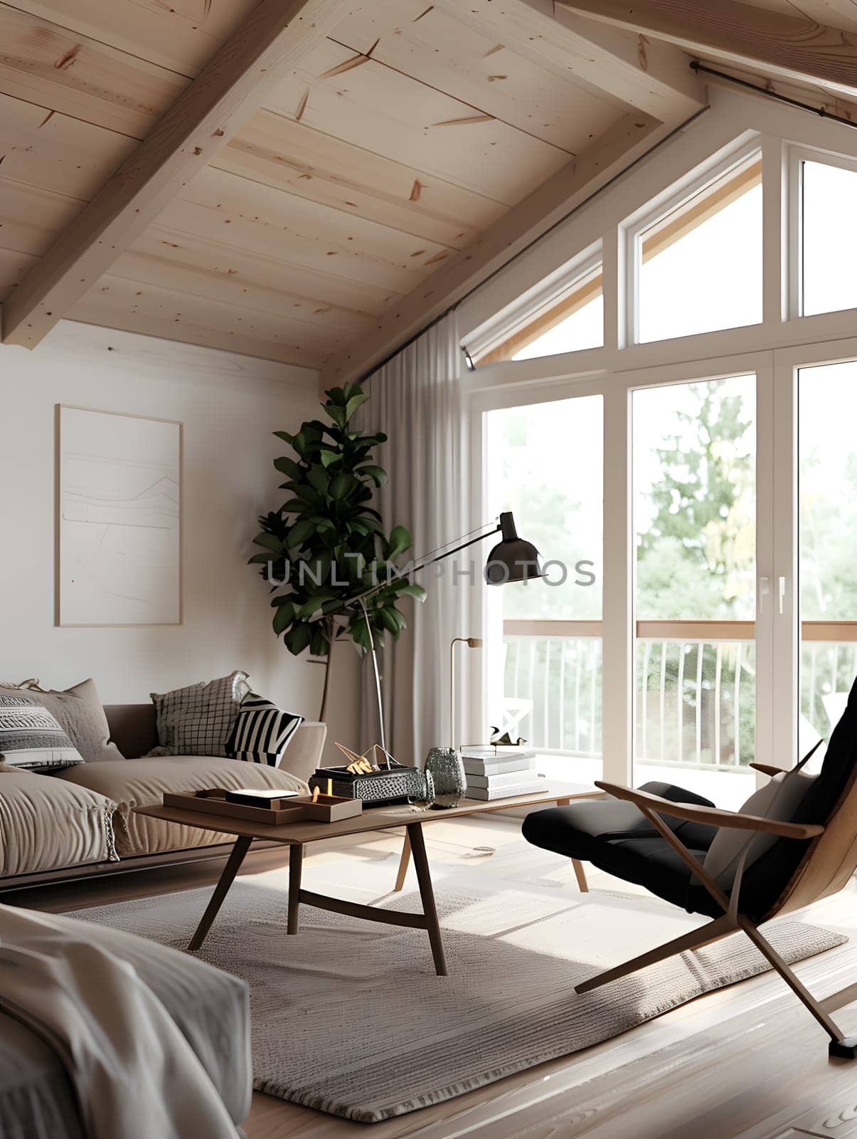 A welllit living room in a building with lots of windows, featuring a couch, chair, and coffee table made of wood. The interior design includes a spacious floor and ceiling with ample natural shade