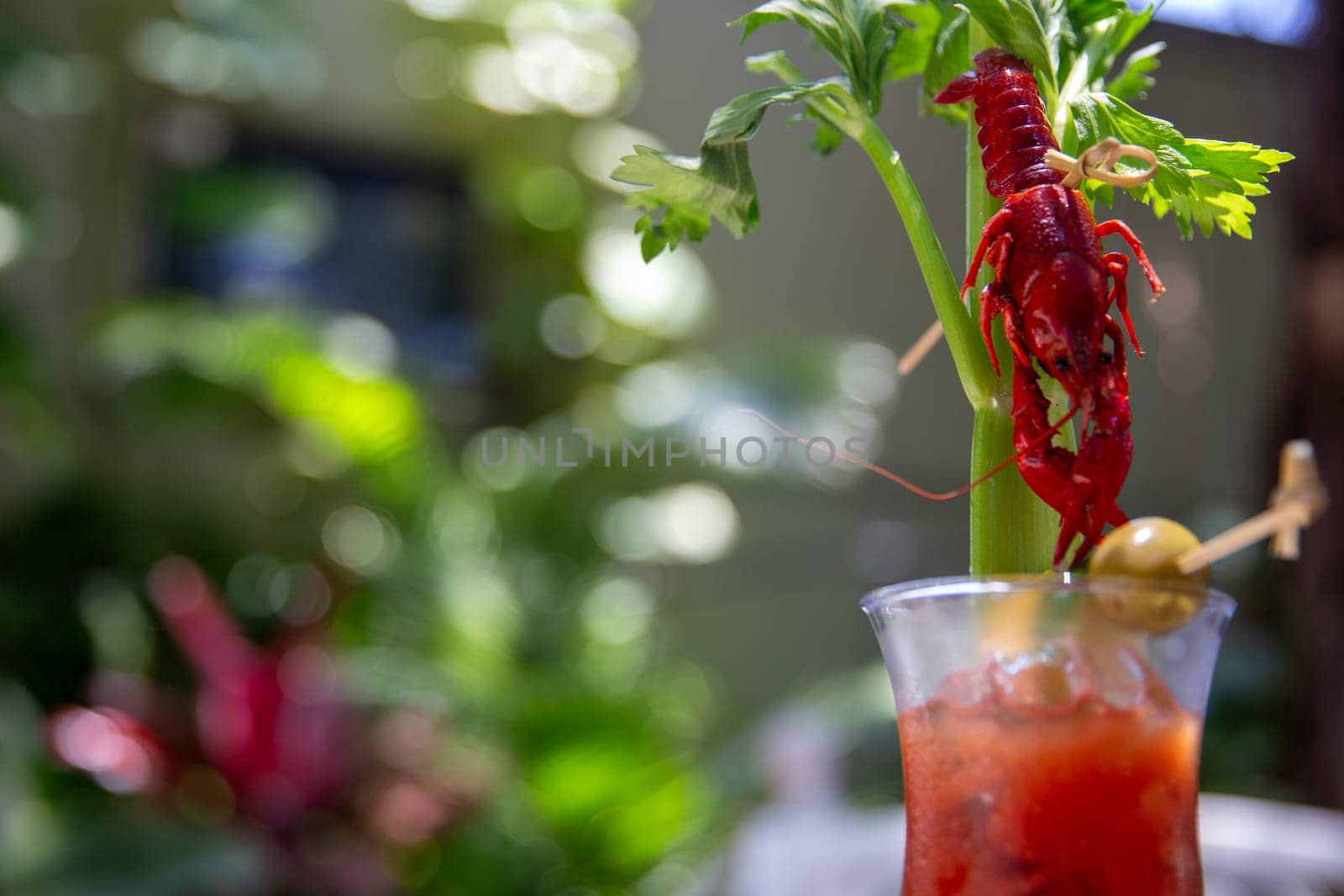 Crawfish Blood Mary with celery and olive