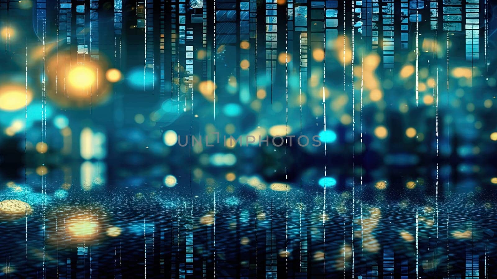 Abstract blue background with bokeh, sparkles and golden lights. Generated AI. by SwillKch