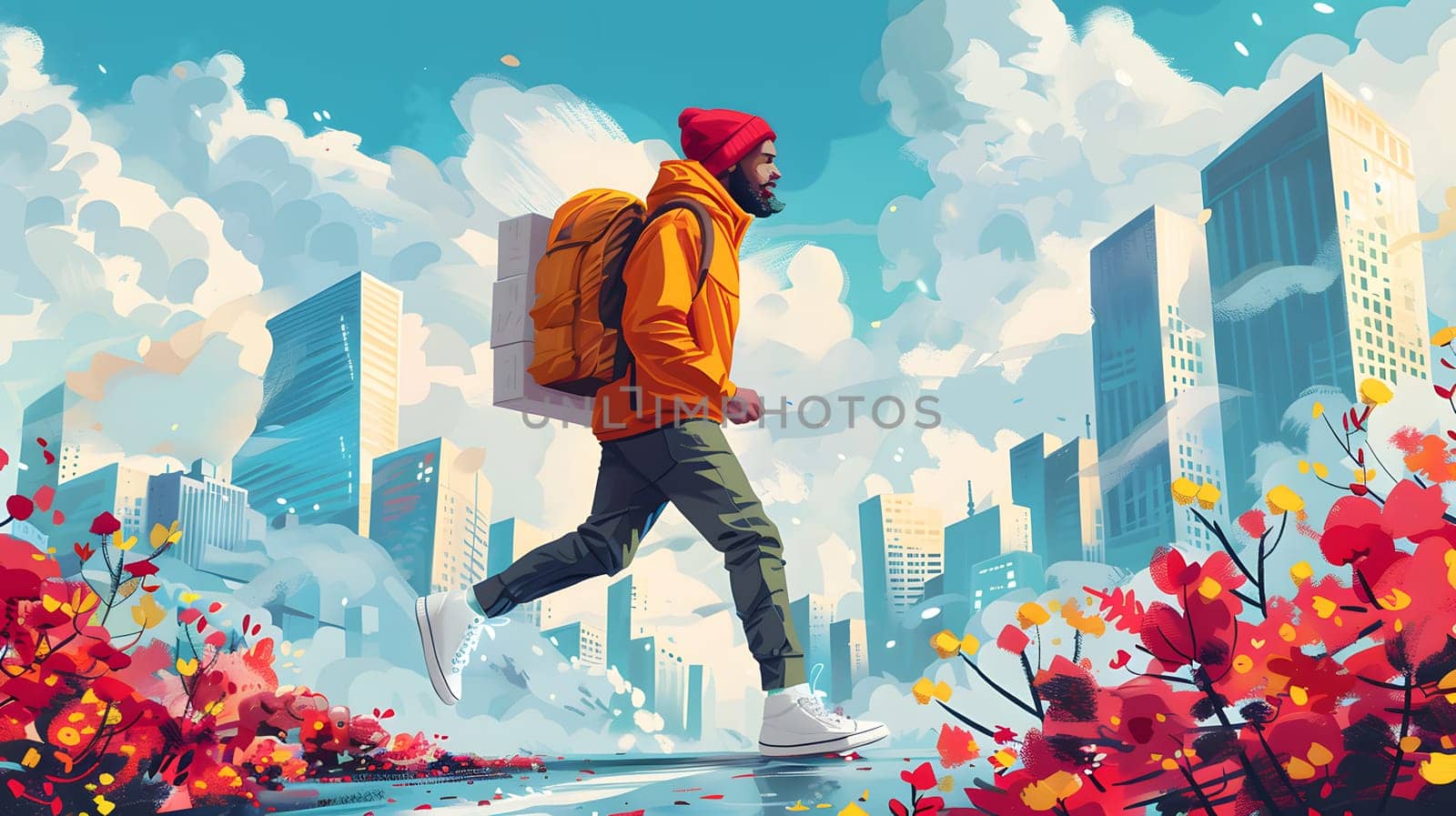 a man with a backpack is walking through a city by Nadtochiy