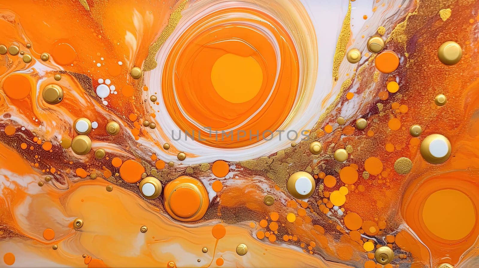 Abstract artistic background with orange marble and golden paint stains. Generated AI