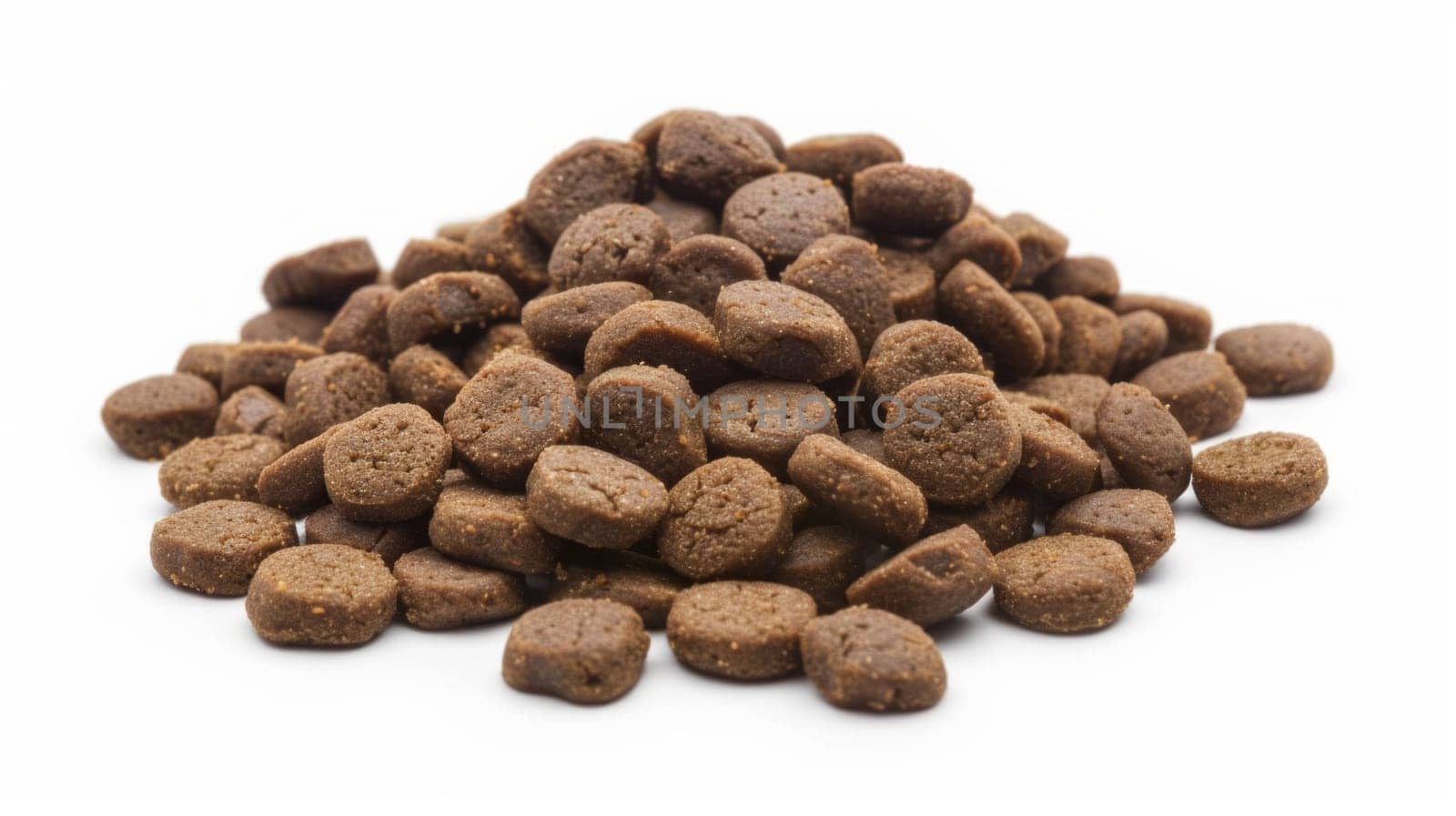 Pile of dry dog food isolated on white background.