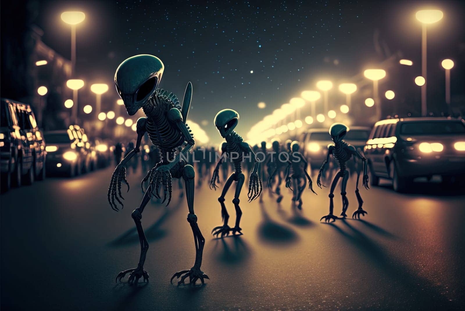 Alien crowd on the street. Monster invaders in sci-fi scene. Generated AI