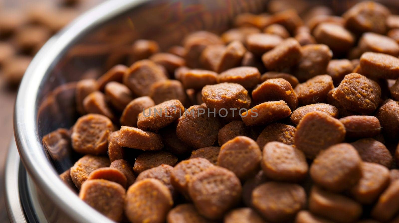 Close up of dry dog food in a bowl.