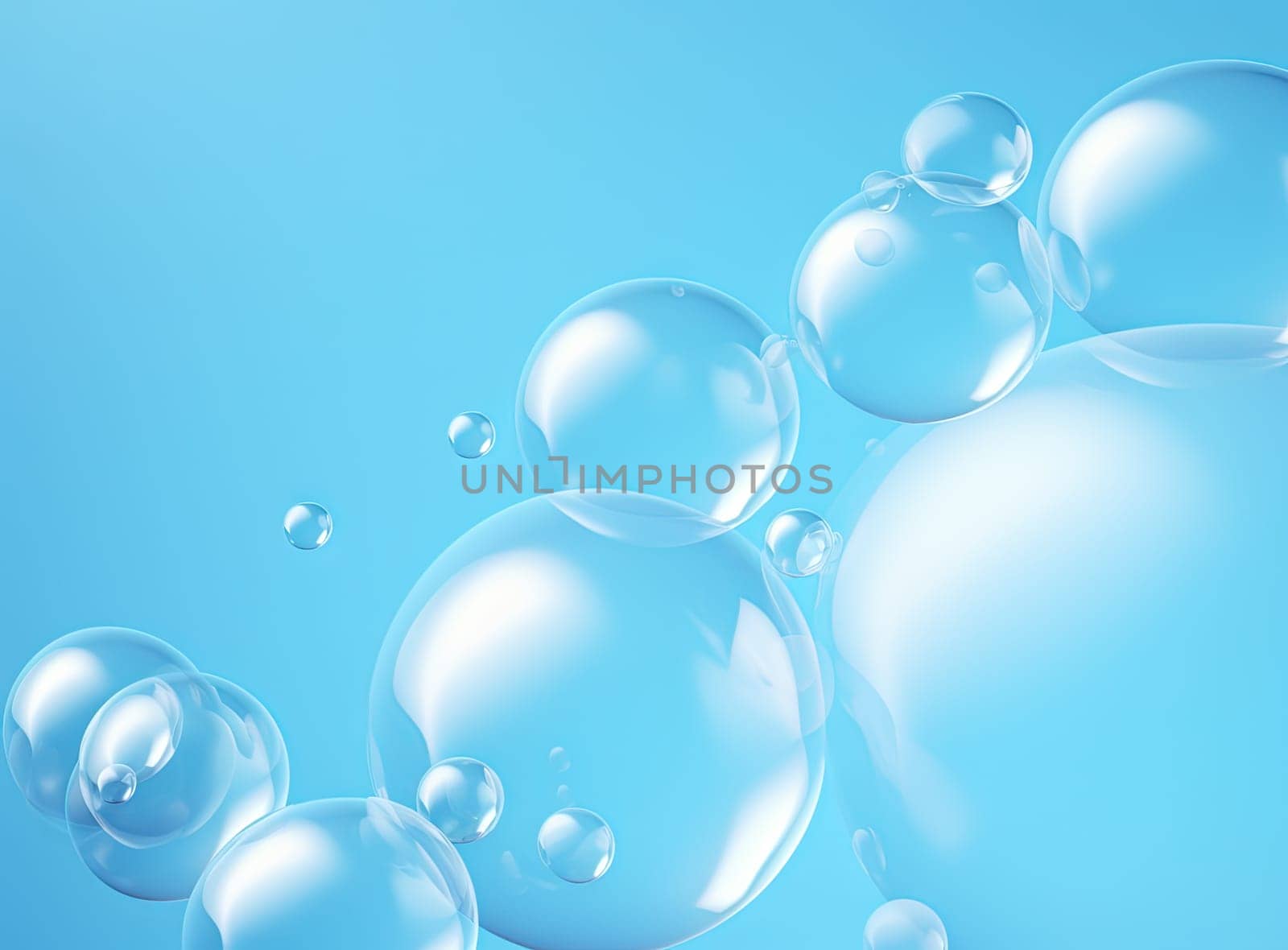 Soaring bubbles on blue background. Abstract soap bubbles floating background. Generated AI