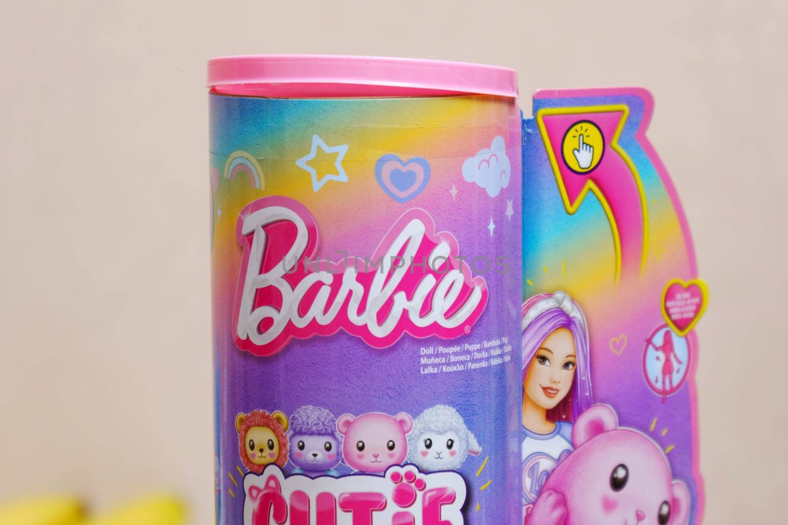 Tyumen, Russia-March 02, 2024: Barbie-themed product, featuring the iconic Barbie logo in pink script, cartoon images.