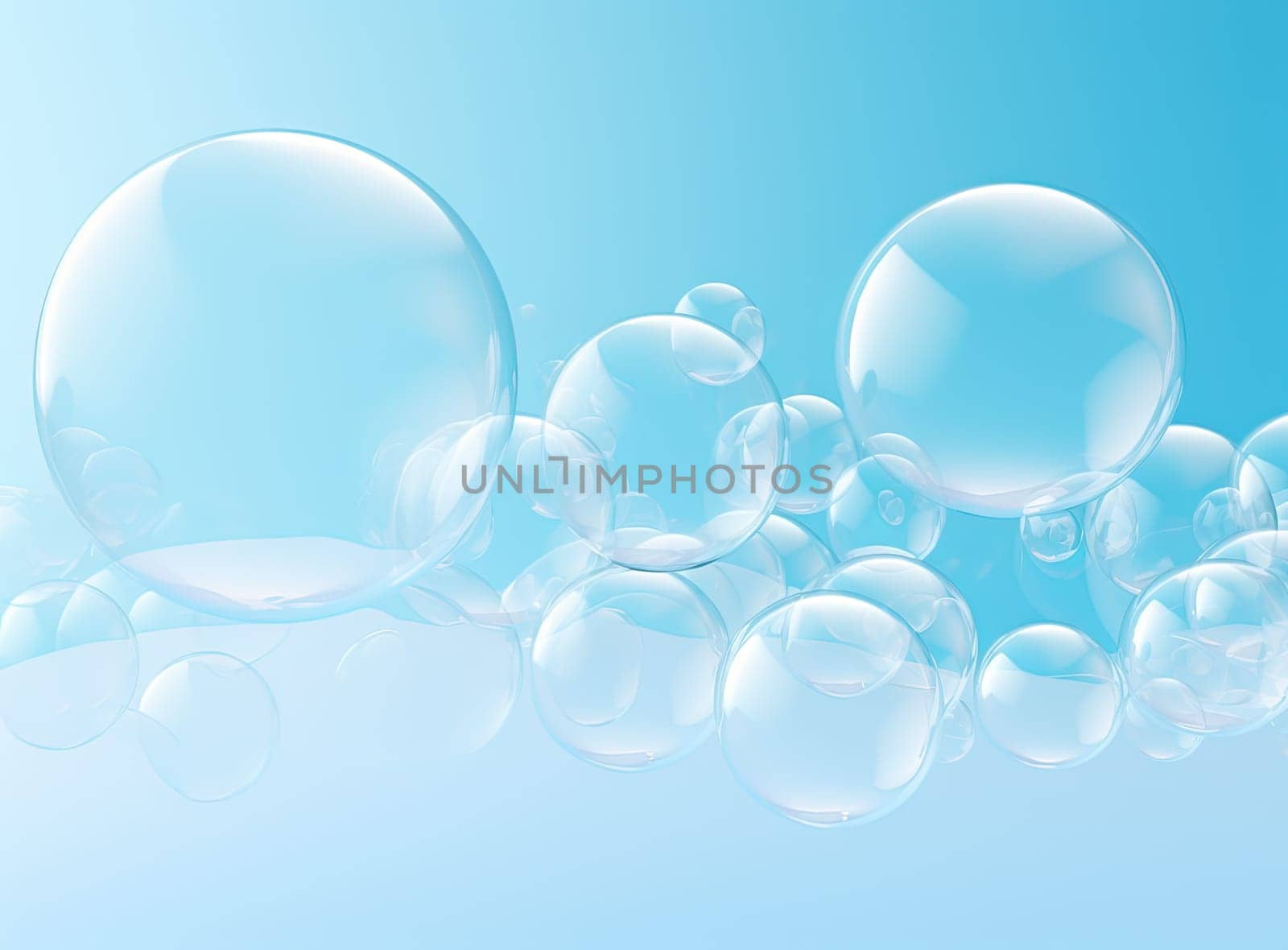 Soaring bubbles on blue background. Abstract soap bubbles floating background. Generated AI