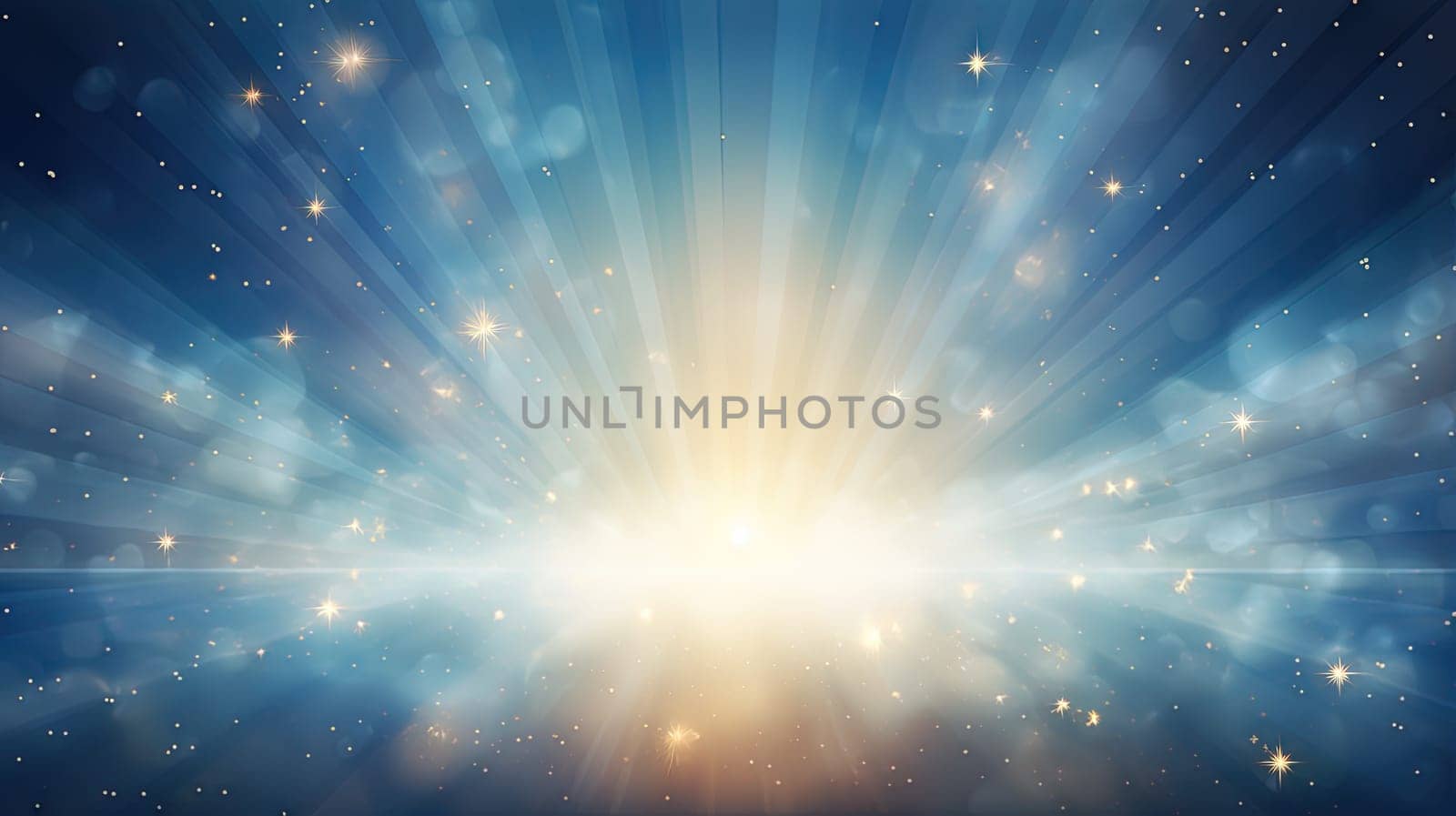 Abstract backgound with blue and orange light rays. God rays or light burst with bokeh. Generated AI