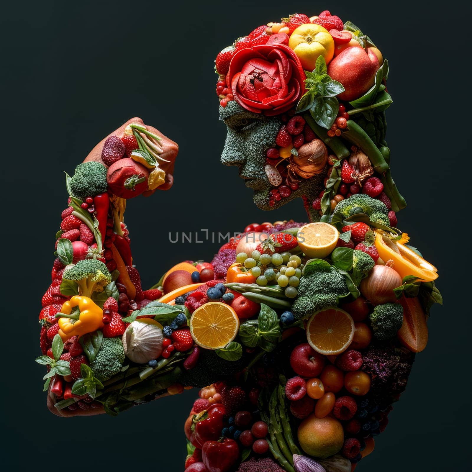 Illustration of a strong man made out of healthy fruits and vegetables.