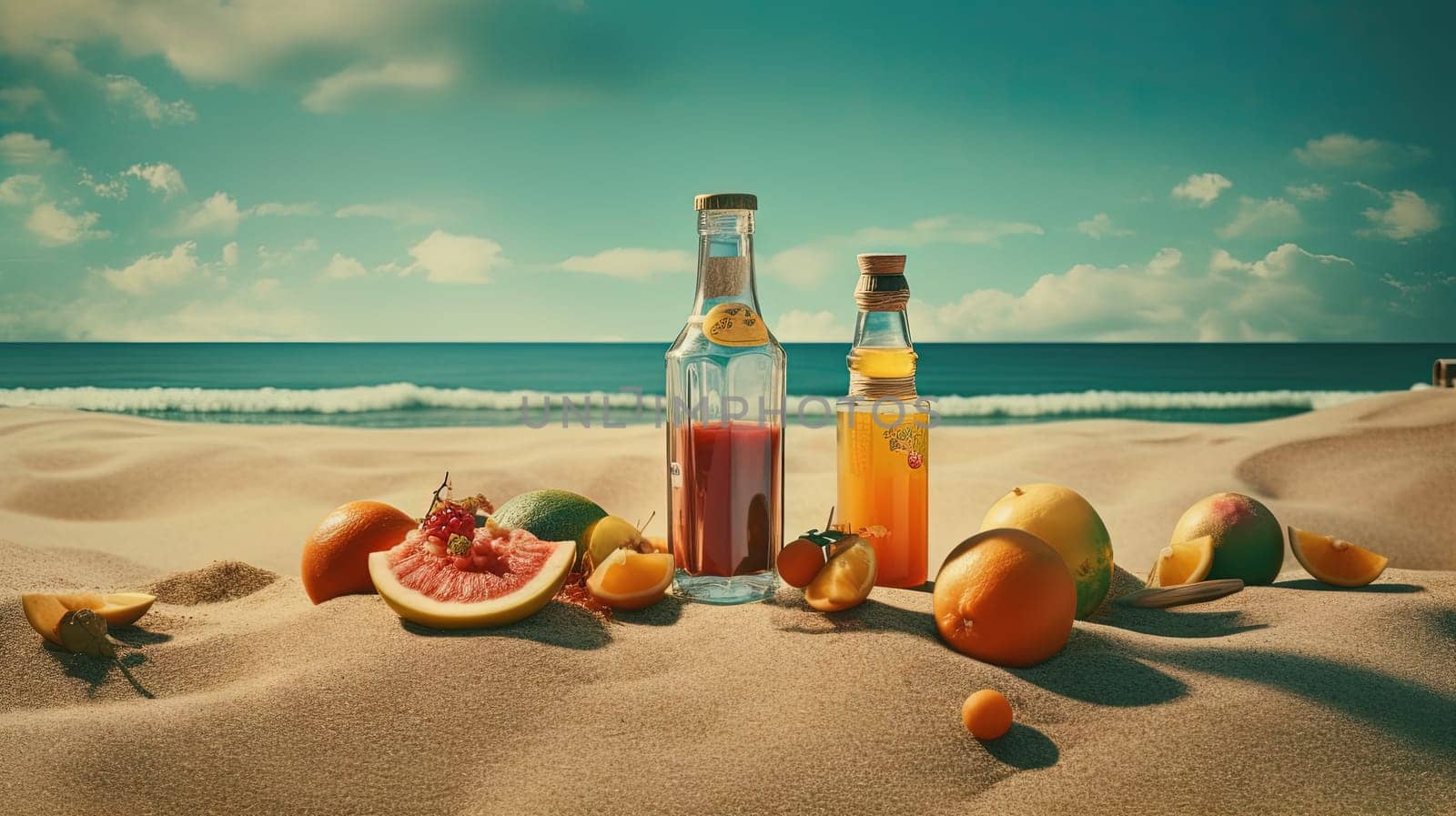 Bottle with fruit water or alcohol in the sand of the beach. Vacation scene with lemonade bottle on the shore line. Generative AI