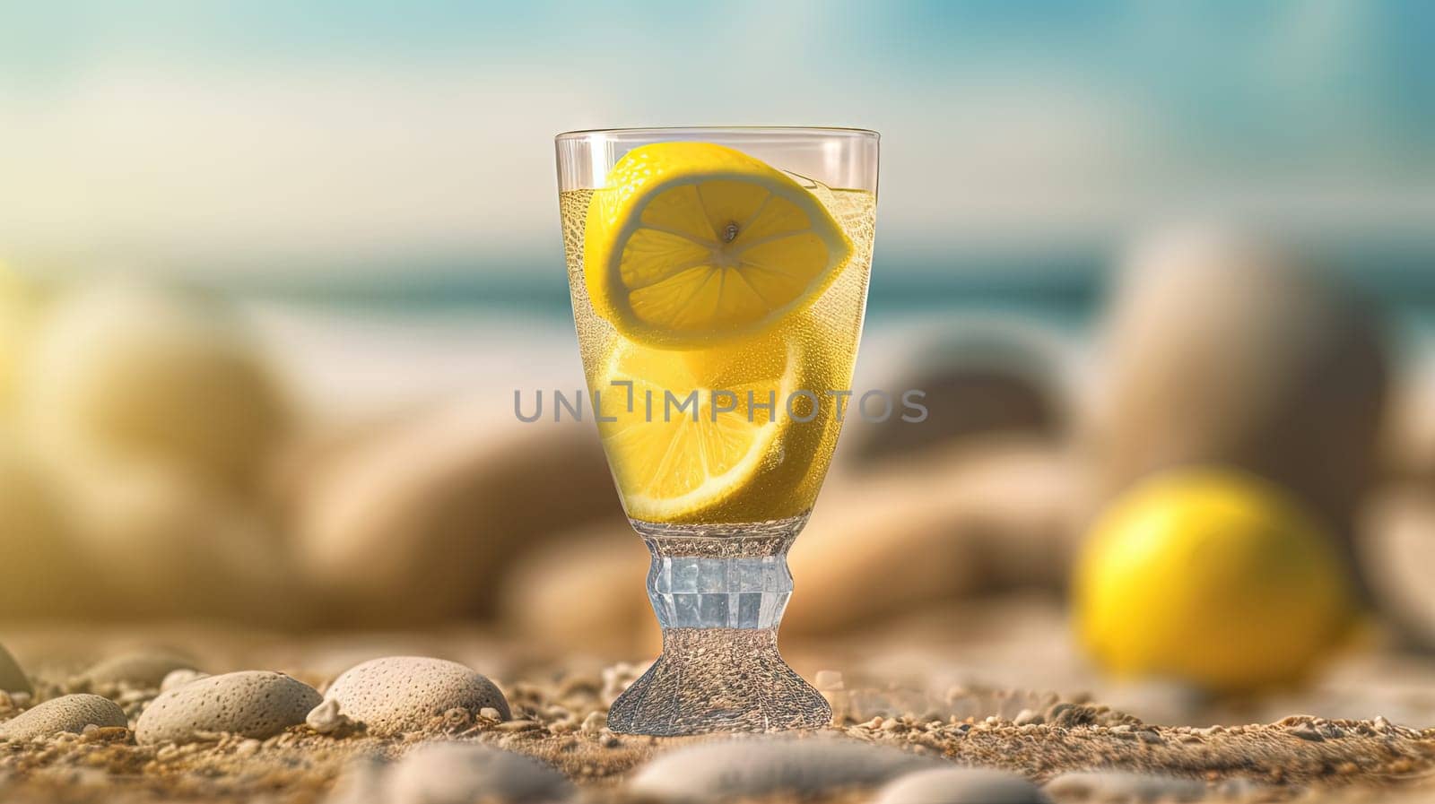 Glass with lemon water in the sand of the beach. Vacation scene with lemonade glass on the shore line. Generative AI.