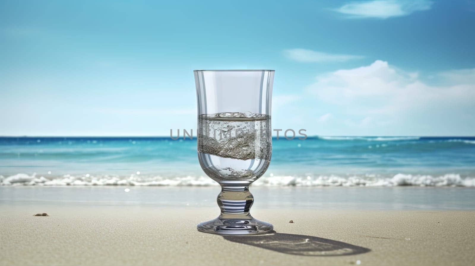 Glass with water in the sand of the beach. Vacation scene with glass on the shore line. Generative AI. by SwillKch