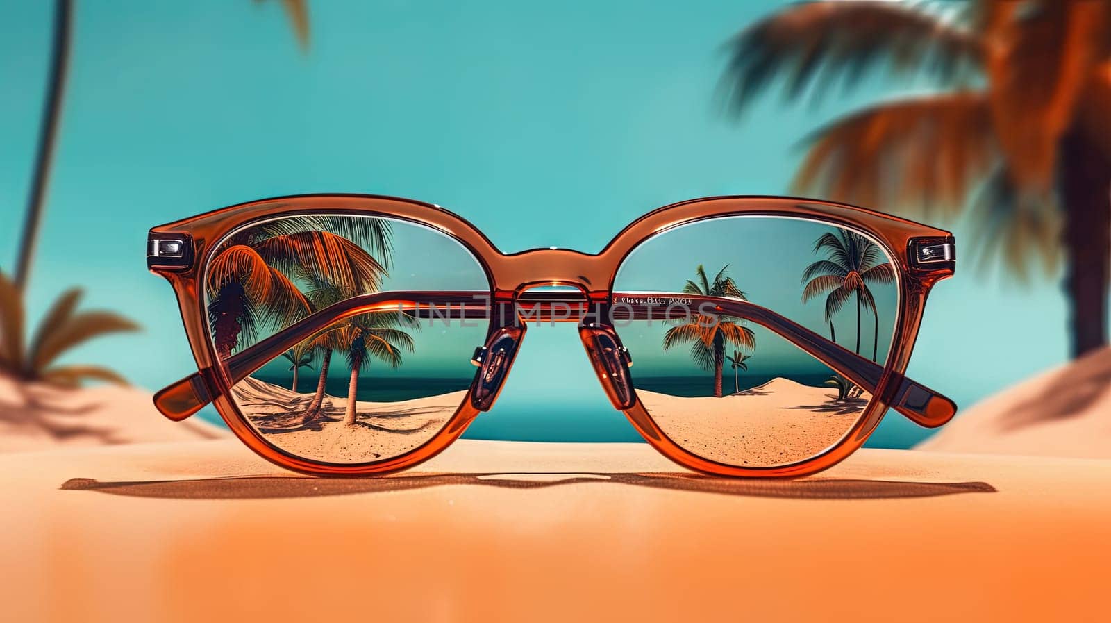 Glasses in the sand of the beach. Vacation scene with sunglass on the shore line. Generative AI
