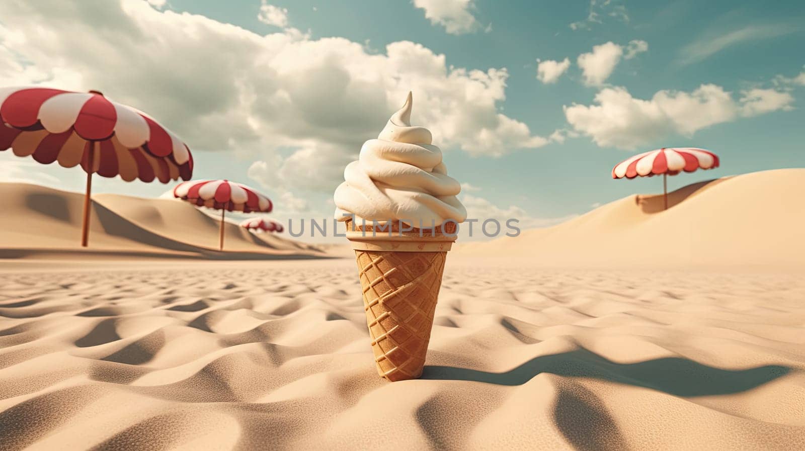 Ice cream cone in the sand of the beach. Vacation scene with ice cream on the shore line. Generative AI
