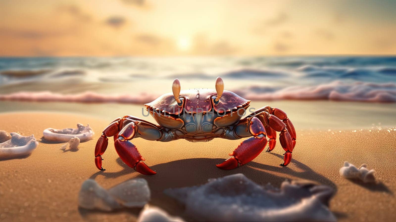 Curious crab on the sandy beach in nostalgic card style. Retro vacation postcard with crab on the coast. Generated AI. by SwillKch