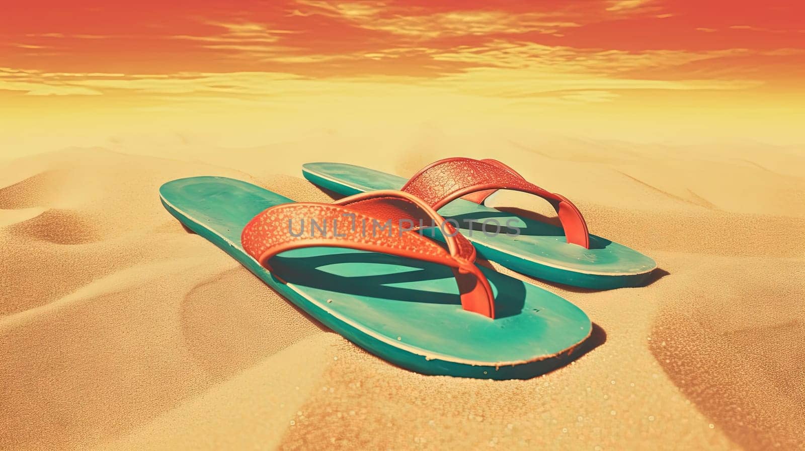 Flip flop sandals on the sandy beach in nostalgic card style. Retro vacation postcard with slippers on the coast. Generated AI. by SwillKch