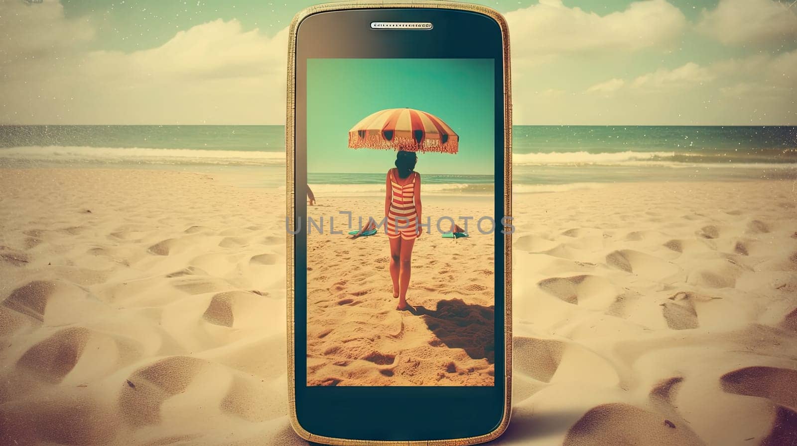 Smartphone in the sand of the beach. Vacation scene with phone on the shore line. Generative AI