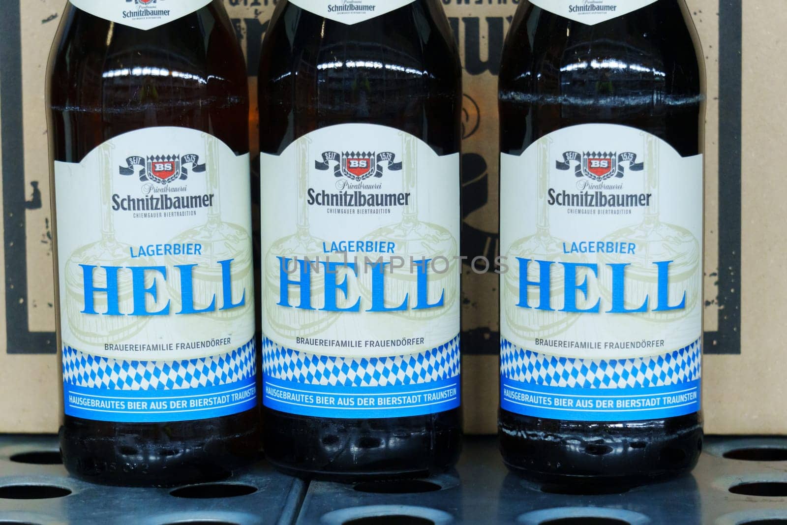 Tyumen, Russia-March 02, 2024: Franziskaner Hell Beer for sale in the store. Selective focus