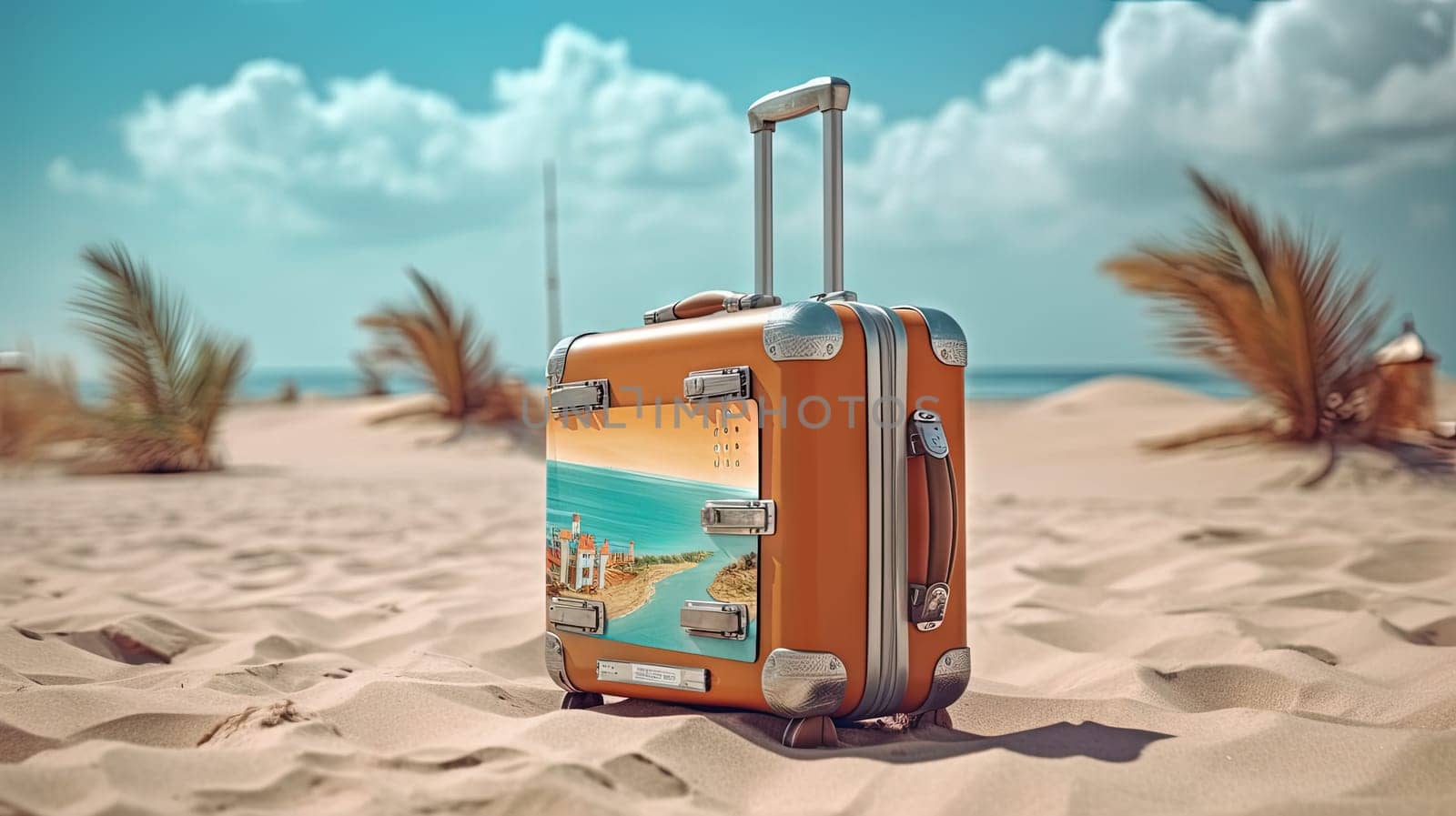 Suitcase in the sand of the beach. Vacation scene with travel case on the shore line. Generative AI