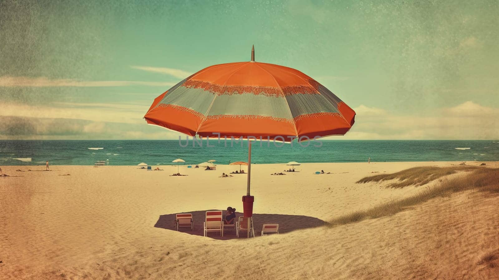 Umbrella on the hot sand of the beach. Grungy card with vacation scene of parasol on the shore line. Generative AI. by SwillKch