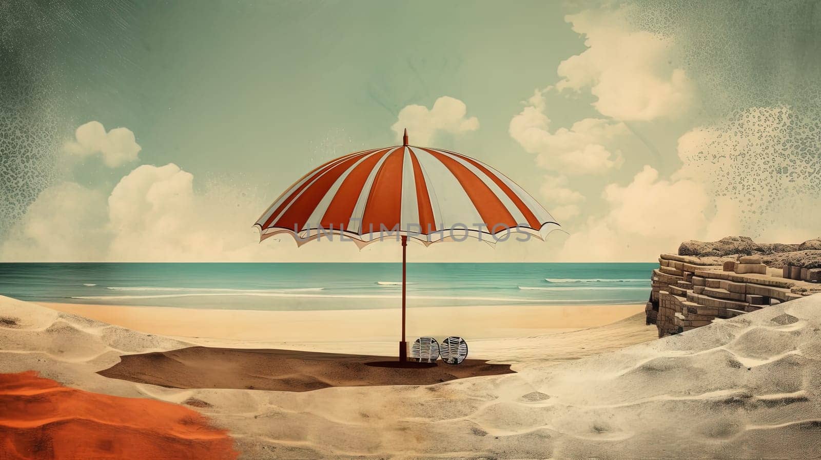 Umbrella on the hot sand of the beach. Grungy card with vacation scene of parasol on the shore line. Generative AI