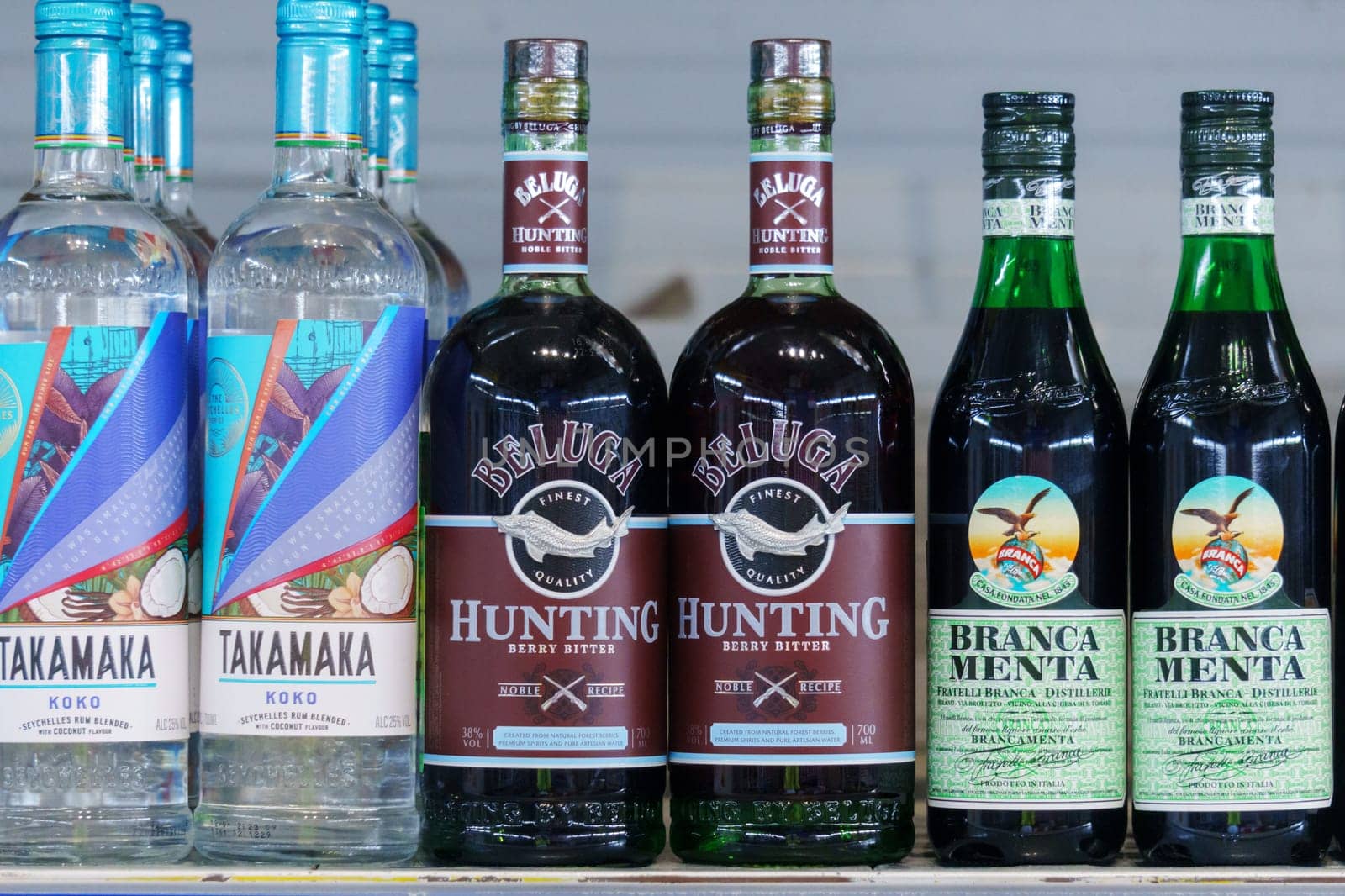 Tyumen, Russia-March 02, 2024: Beluga Vodka bottle in studio setup. Beluga Vodka is produced in Russia.