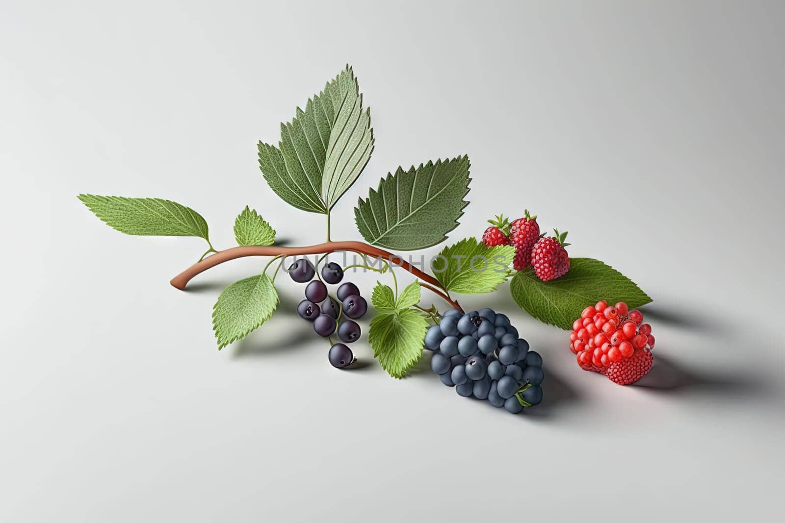 Various berries composition with leaves on white background. Juicy berries laying. Generated AI. by SwillKch