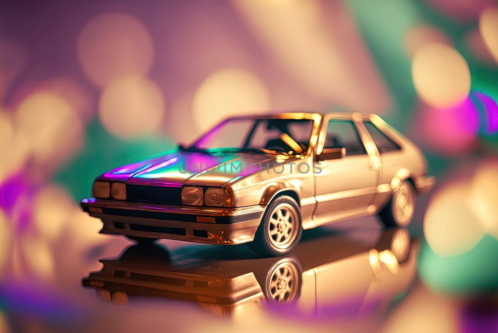 80s styled abstract retro car. Vintage automotive design in neon lights. Generated AI