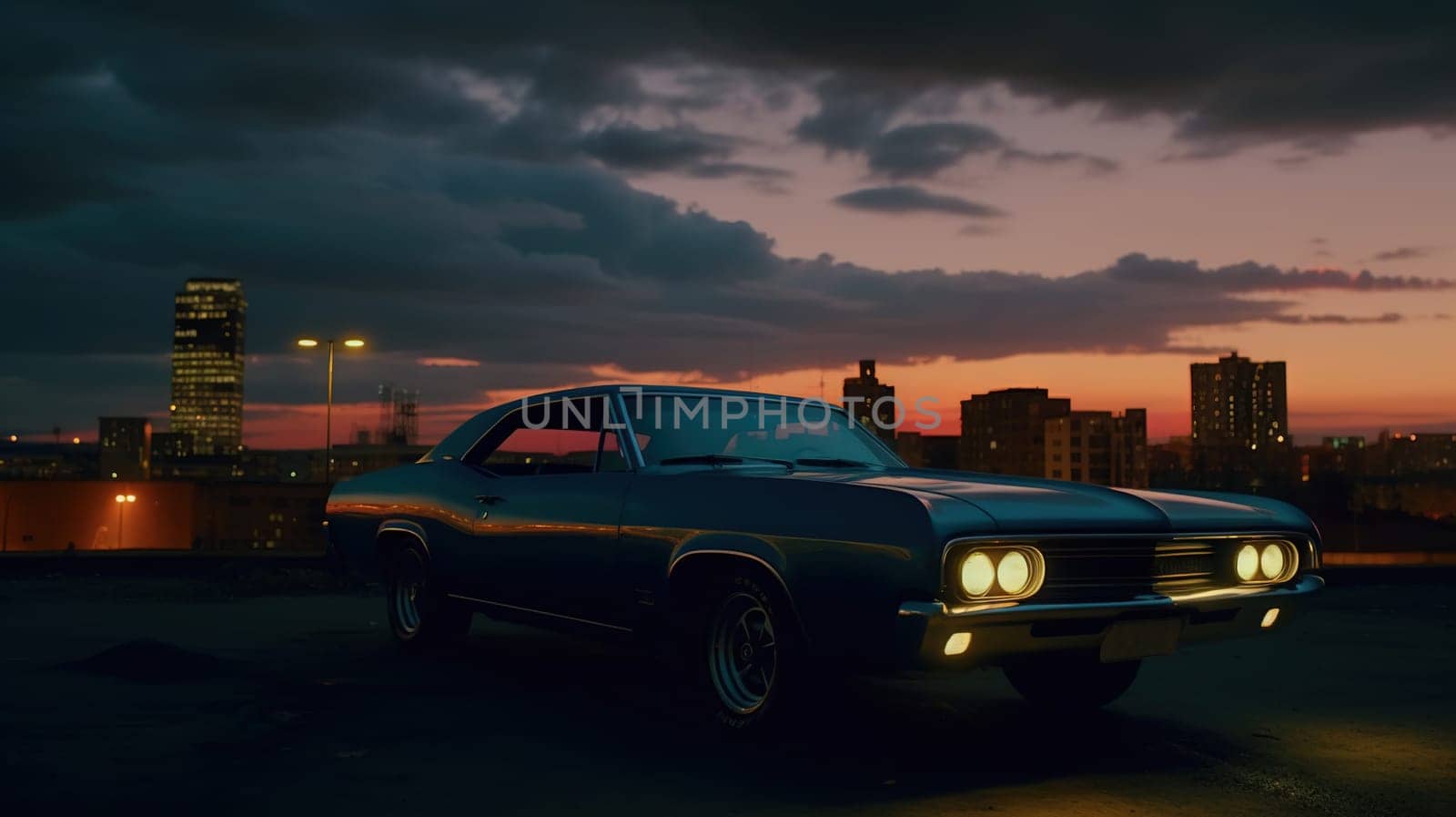 Vintage muscle car parked on the street at night. 80s styled synthwave retro scene with powerful drive in evening. Generated AI