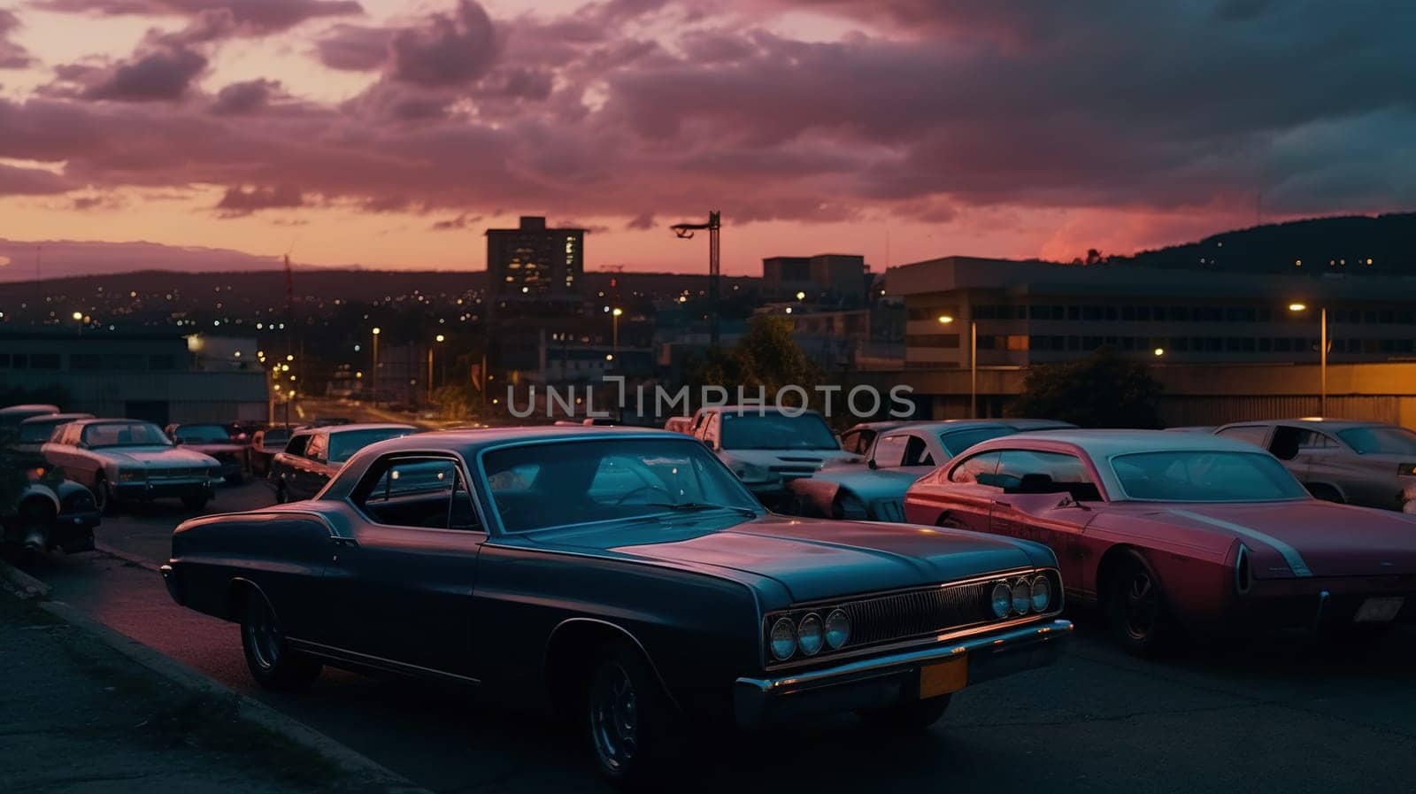Vintage muscle car parked on the street at night. 80s styled synthwave retro scene with powerful drive in evening. Generated AI. by SwillKch
