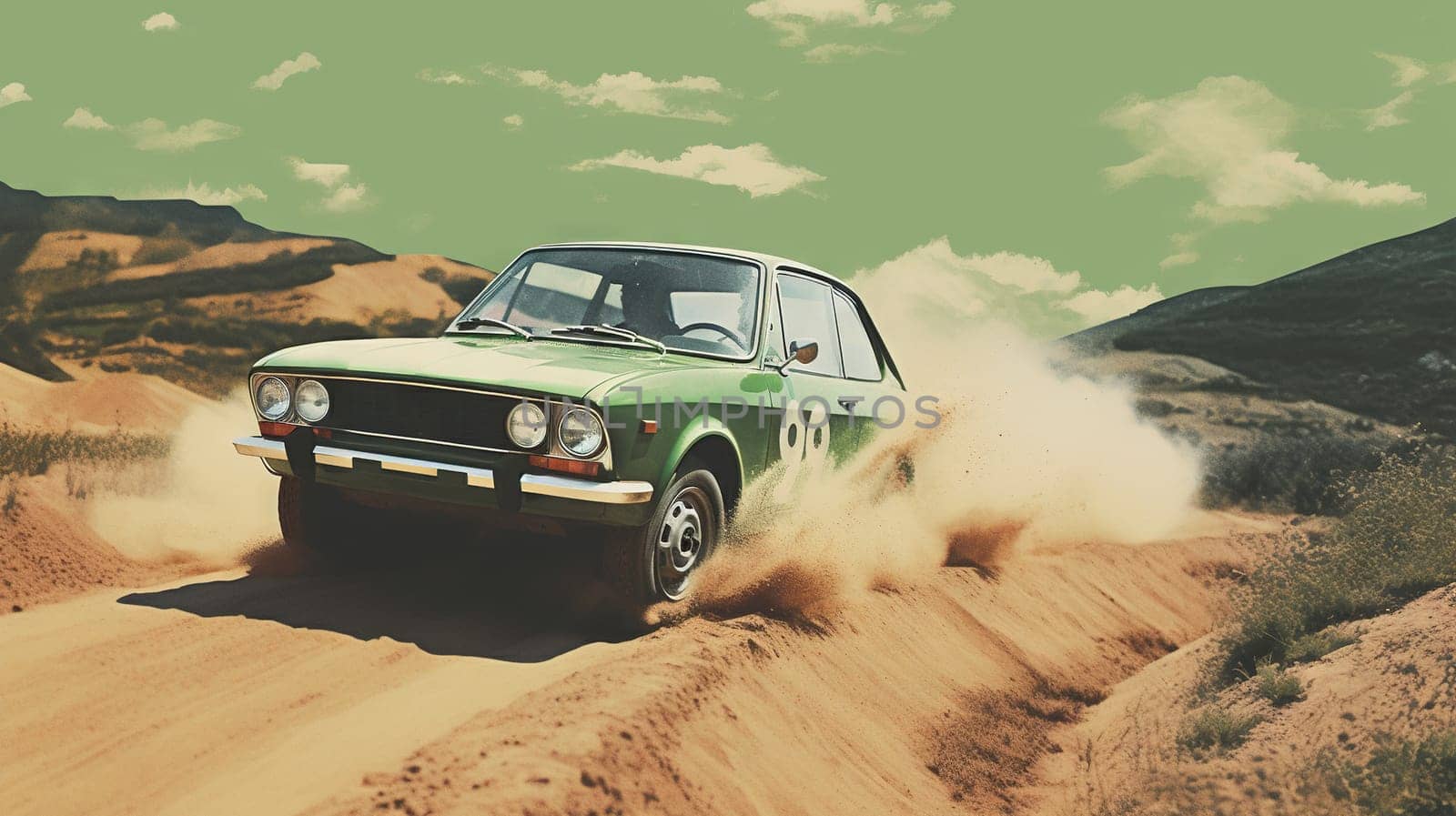 Vintage rally car splashing the dirt in retro 70s styled scene. Generated AI