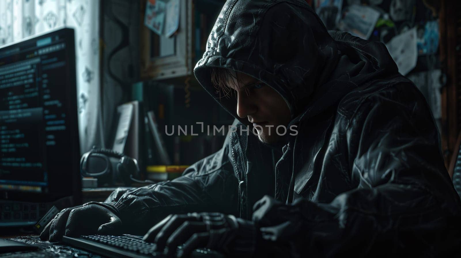 Masked data thief hacking computer network at night, working on laptop and multiple monitors to steal IT information. Hacker with hidden identity, server security breach. Handheld shot. High quality photo