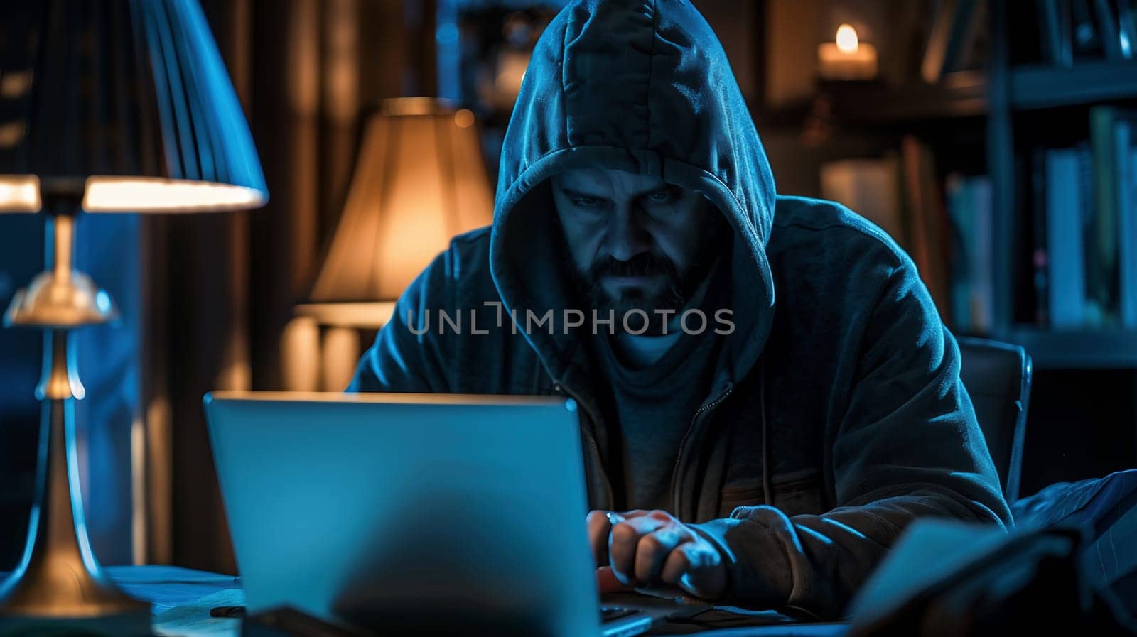 Masked data thief hacking computer network at night, working on laptop and multiple monitors to steal IT information. Hacker with hidden identity, server security breach. Handheld shot. High quality photo