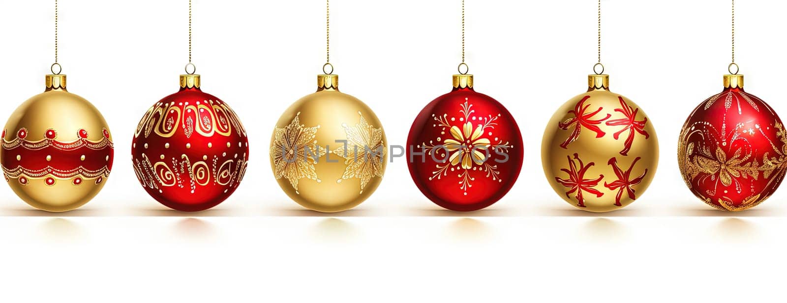 Shiny Christmas baubles in line. Collection of Xmas glass balls with ornament. Generated AI