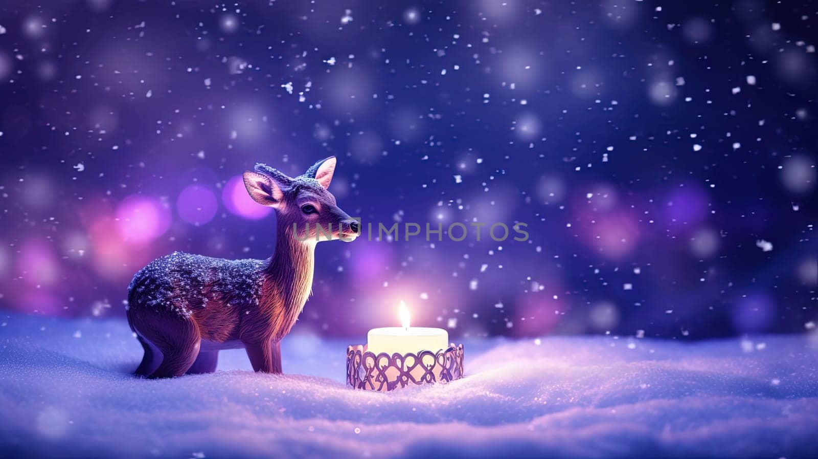 Christmas candle on the snow with deer toy and snowfall. Generated AI