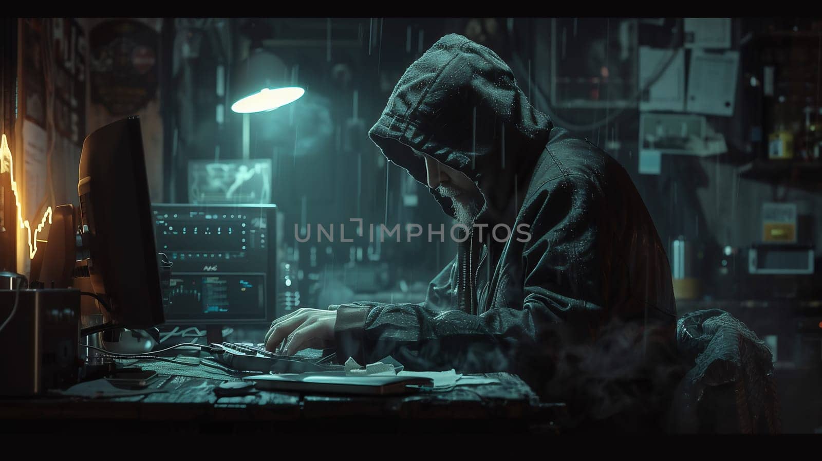 Masked data thief hacking computer network at night, working on laptop and multiple monitors to steal IT information. Hacker with hidden identity, server security breach. Handheld shot. High quality photo