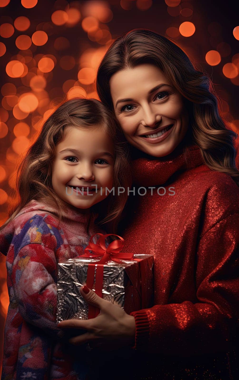 Mother and daughter sitting under the Christmas tree with gifts during winter holidays. Generated AI